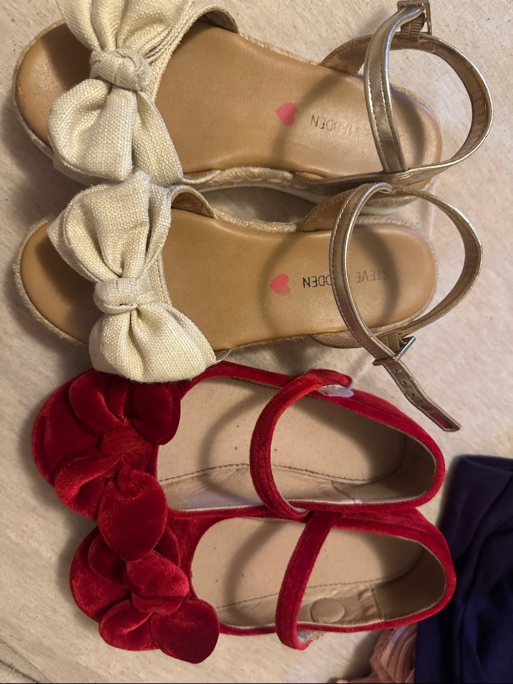 Steve Madden Cream Bow Espadrille Sandals and Red Velvet Floral Flats